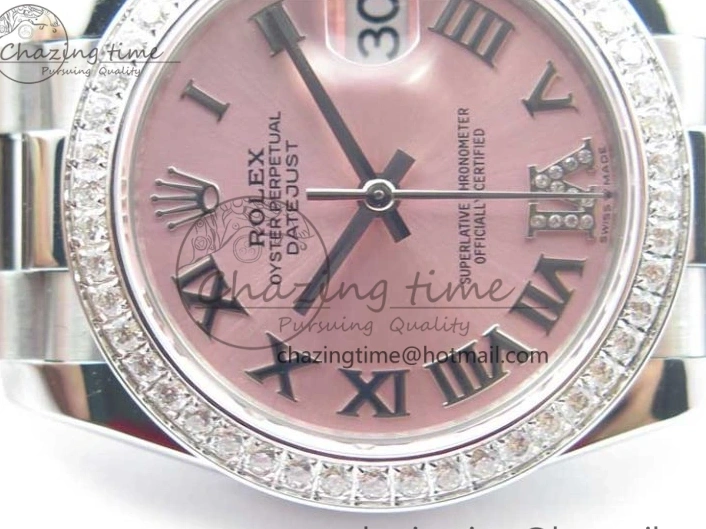 MiroTime 0402 Datejust 31mm 278275 SS Crystal Bezel BP Maker Best Edition Pink Roman Dial Crystal @6 on SS President Bracelet Contemporary 3082